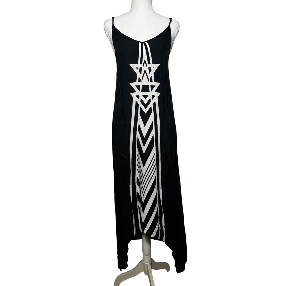Billabong High-Low Maxi Dress Geometric Print Size S‎ Black Cream Coastal Beach